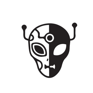 Monochrome alien head icon, split between organic and cybernetic elements, symbolizing the fusion of biology and technology in advanced extraterrestrial existence