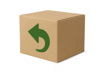 Cardboard box with green return arrow delivering a refund or exchange package service symbol. Shipping logistic concept