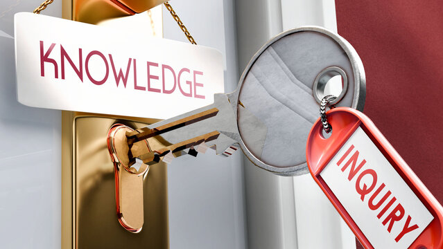 Inquiry leads to Knowledge - it's a key to unlock knowledge. A door key metaphor showing how inquiry is a key to access knowledge. It's a necessary element to open knowledge. ,3d illustration
