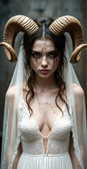 A moody woman with ram horns, freckles, and dark makeup wears a white lace dress and veil, staring intensely at the camera.