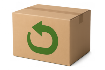 Cardboard mailing box with a green arrow symbol, representing product returns, exchange shipping, and customer order delivery