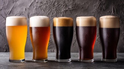 Diverse Beer Selection in Glasses with Foam Heads on Dark Surface