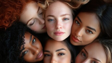 Diverse group of beautiful women's faces together. Unity concept.