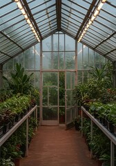 Lush botanical haven inside a modern glass greenhouse, showcasing vibrant plants thriving under natural light, fostering growth and sustainable cultivation ,protection ,sustainable ,natural light