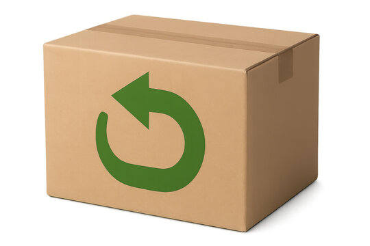 Cardboard mailing box with a green arrow symbol, representing product returns, exchange shipping, and customer order delivery