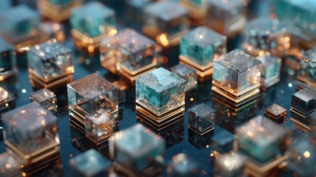 Fototapeta Luxury abstract 3D glass cubes with golden reflections, futuristic geometric background