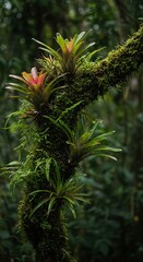 Lush cluster of exotic bromeliads and delicate ferns growing high up on a thick, moss-covered rainforest tree branch in the humid jungle environment ,cluster ,habitat ,aerial