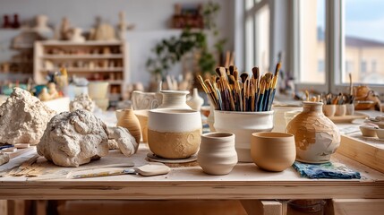Artistic workspace featuring pottery and tools in a bright studio.
