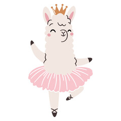 Flat vector illustration in a simple children's style on a white background. A cute llama in a ballet tutu is dancing ballet. . Vector illustration