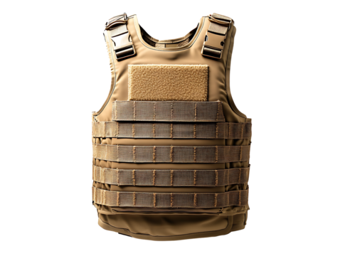A realistic front view of a tan tactical vest with molle strapping, hook-and-loop closure, and shoulder buckles for military or law enforcement protection isolated on transparent background