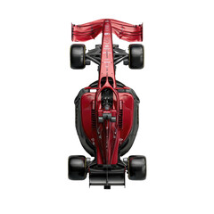 Naklejka premium Overhead view of a Formula One racing car, crimson red. Aerodynamic design, powerful engine, tire