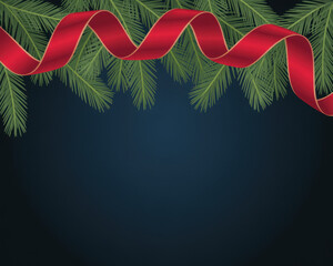 Festive Christmas background with fir branches and a red ribbon elegant holiday design for cards and banners isolated on dark blue