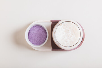 Close up of cloudy pink matcha with coconut water in a glass on the table top view