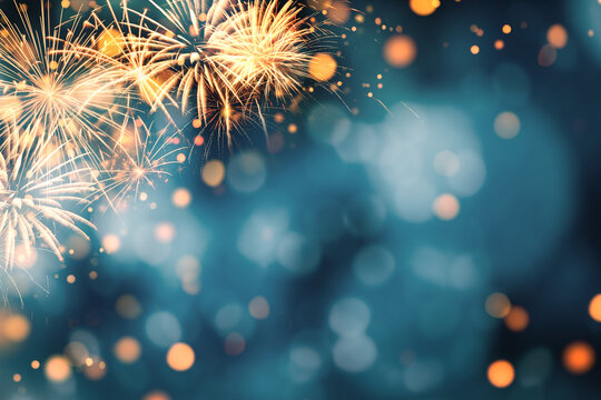 Fireworks and golden bokeh lights, festive background for New Year celebration, holiday event, Christmas or festival concept with copy space for design and joyful atmosphere