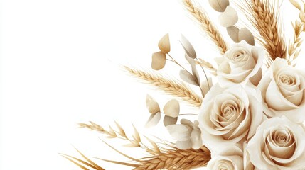 Elegant Cream Roses and Golden Wheat Botanical Arrangement