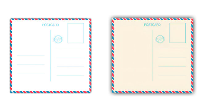 Backside blank travel postcard with dirty stain. Vector Air mail par avion postage stamps, stamp old post card. Empty back side template tag. Postale set, vector illustration