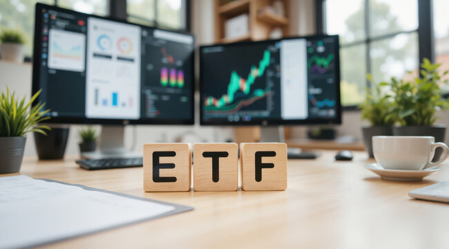 Portfolio planning visual for ETF (Exchange Traded Fund) explainer articles and brokerage landing pages, useful for investor education or fintech ads