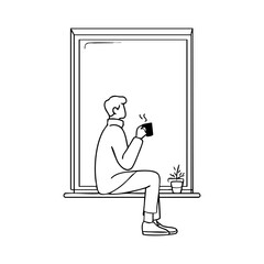 Man sitting by a large window with a steaming cup of tea, representing peaceful winter solitude and calm reflection during the cold season.