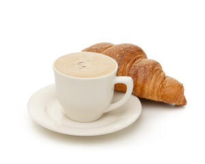 A cup of cappuccino with a croissant on a white isolated background