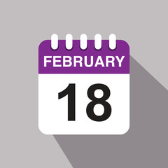 18 february calendar date icon. vector illustration with shadow design