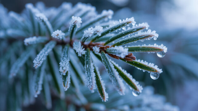 Close-up of a frosted pine branch covered in ice crystals with a water droplet clinging to the tip