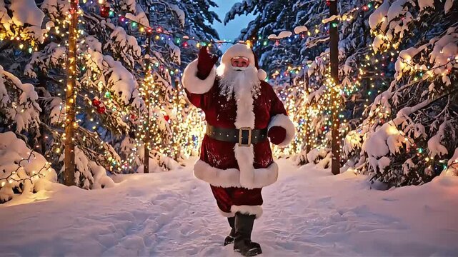 Joyful Santa Claus waving hello in a magical snowy forest lit by festive Christmas lights
