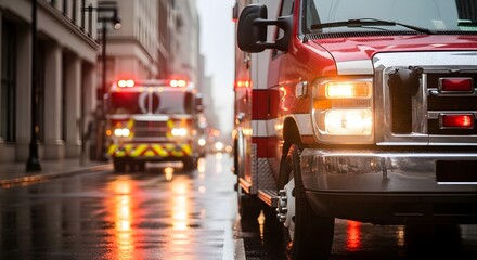 Emergency Response Fire Trucks and Ambulance on Rainy City Streets