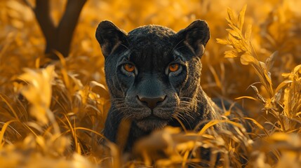 Fierce black feline gazing from golden autumn grass during sunset