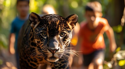 Fierce Jaguar Portrait Staring Directly at Camera with Blurred People in Jungle Background
