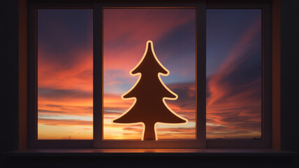 Christmas tree silhouette on a window colorful sunset sky background holiday season decoration