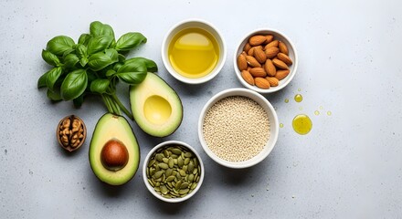Healthy Fats Rich Foods Nuts, Seeds, Avocado and Oil for Wellness
