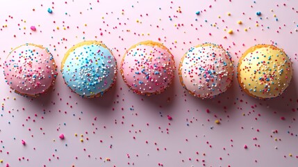 Five colorful iced sweet treats with rainbow sprinkles, top view on pink surface
