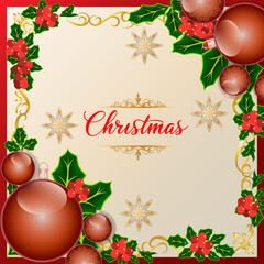 Luxury festive illustration with red Christmas baubles holly leaves berries  golden snowflakes   elegant beige background with golden decorative elements Perfect for holiday greeting cards invitations