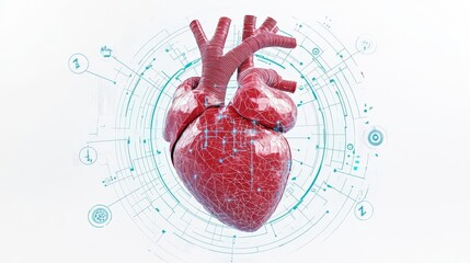 3D rendered human heart with digital elements showcasing its intricate structure and technological design.