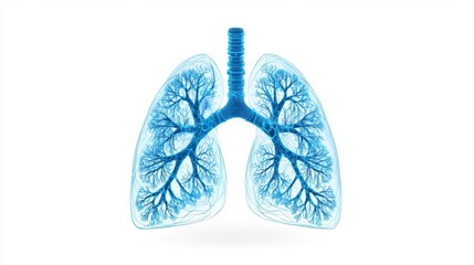 Illuminated graphic of human lungs showcasing intricate airway structures in blue tones.
