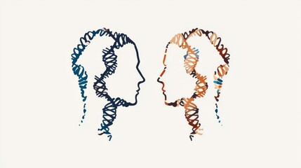 Abstract representation of human profiles intertwined by DNA strands, symbolizing connection and heritage.
