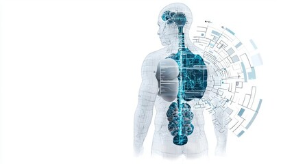 Futuristic visualization of human body with digital elements, showcasing internal organs and advanced technology.