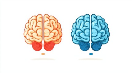 Illustration of two human brains in contrasting colors, representing cognitive functions and duality in thinking.