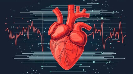 An artistic representation of a human heart surrounded by heartbeat graphs, symbolizing health and emotion.