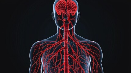 Anatomic illustration of the human nervous system, showcasing intricate details of the cranial and spinal structures.