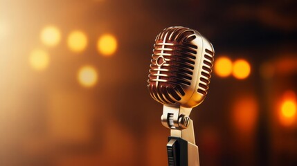 Close-up of a retro microphone in a dimly lit venue, evoking nostalgia and the spirit of live performances.