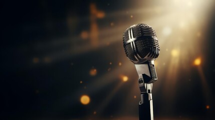 A classic microphone stands alone in a spotlight, symbolizing performance, creativity, and musical expression.