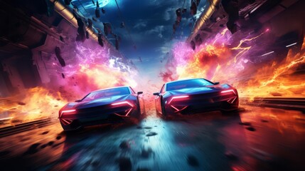 Dynamic race scene with two sports cars amidst colorful explosions and futuristic background.