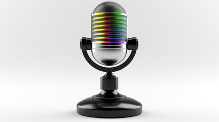 A colorful vintage microphone on a sleek black base, perfect for audio recording, broadcasting, or music production.