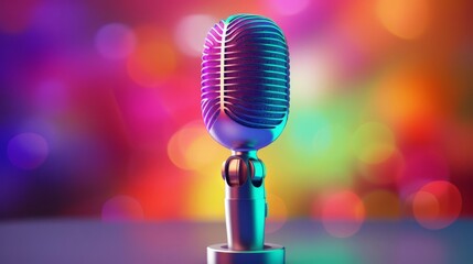 A vintage microphone stands out against a colorful, blurred background, embodying the essence of music and performances.