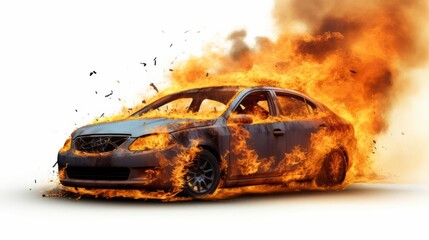 A car engulfed in flames, illustrating destruction and chaos in an intense scene.
