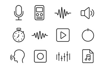 Voice Recording Icons. Voice recording. Line outline icon set of voice recording: microphone, recorder, sound