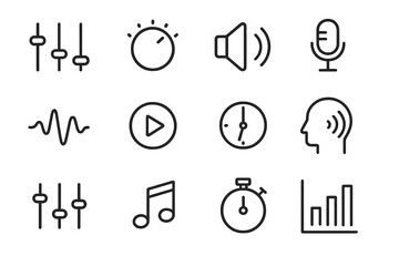 Fototapeta premium Audio Icon Set. Audio control. Line outline icon set of audio control: equalizer, volume knob, speaker,