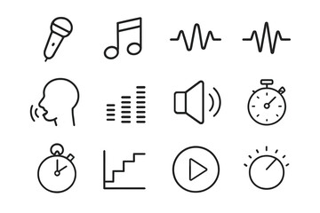 Vocal Training Icons. Vocal training. Line outline icon set of vocal training: microphone, musical note, sound