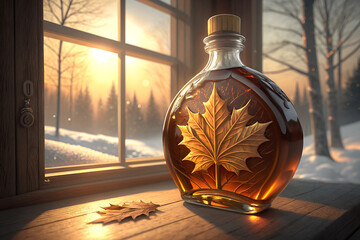 Golden Maple Leaf Syrup Bottle Bathed in Winter Sunset Glow